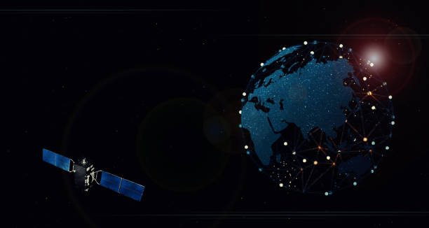 istock 3d illustration A world map on a mesh showing the connection of wireless networks. And communication satellites orbiting the sky, night on Earth and satellites in space 1299369035