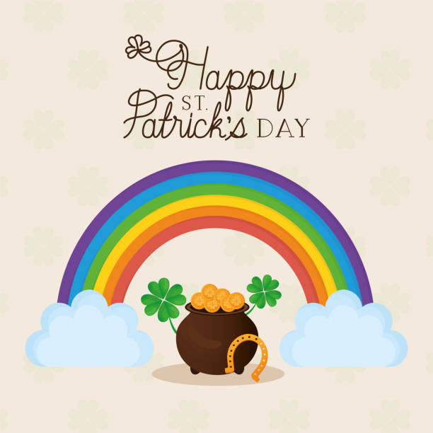 행복한 세인트 패트릭 데이 레터링, 무지개 와 두 구름과 금화의 전체 냄비 - st patricks day pot of gold clover irish culture stock illustrations