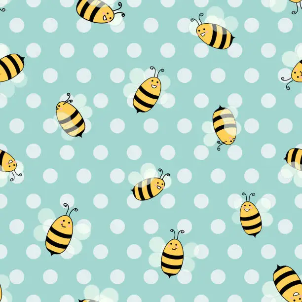 Vector illustration of Flying happy bees, flat design cute vector illustration over sky bue polka dot background, seamless pattern.