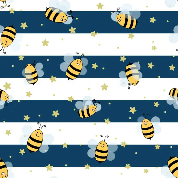 Vector illustration of Flying happy bees, flat design cute vector illustration over white and bue horizontal stripes and gold flower stars background, seamless pattern.