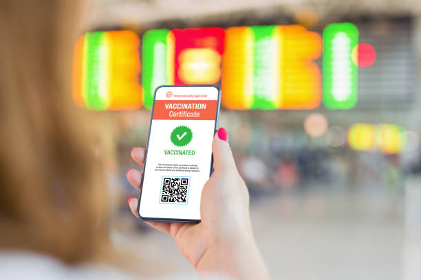 istock Person in airport holding phone with valid vaccination certificate 1299388489