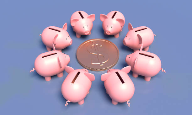 istock Eight piggy banks surrounded the gold dollar coin. 3d rendering 1299390906