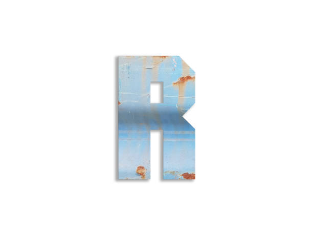 istock 3D illustration, Letter R light blue color rusty iron metal alphabet, isolated design element 1299391119