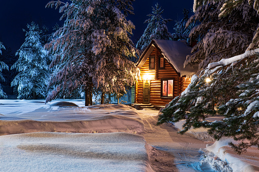 Rustic log house, snow-covered pine trees, big snowdrifts, fabulous winter night. Rural beautiful winter landscape. Non-urban scene. New Year, Christmas. Copy space.