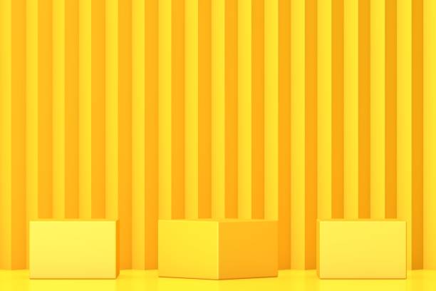 istock Yellow podium and minimal abstract background, 3d rendering geometric shape, Stage for awards on website in modern. 1299396906