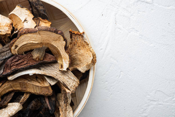 istock Dried wild mushrooms, on white background , with space for text  copyspace 1299403533