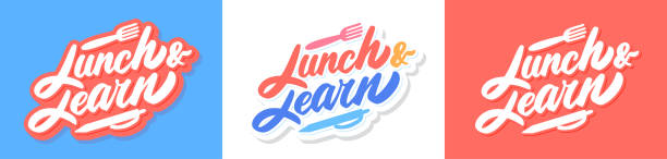 ilustraciones, imágenes clip art, dibujos animados e iconos de stock de almuerzo y aprendizaje. pancartas vectoriales. - comida del mediodía