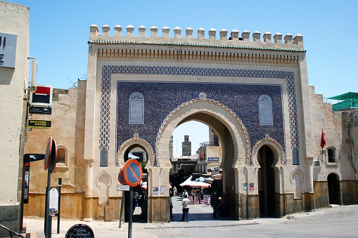 Fes, Morocco - July 15, 2013: Bab Boujloud, or the Blue Gate to old Medina Fez El Bali.