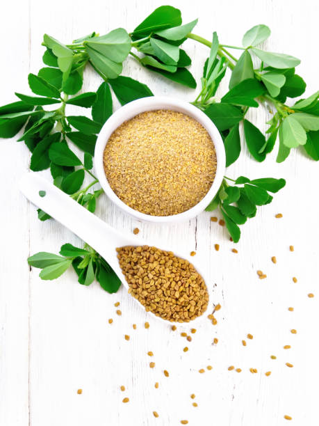 istock Fenugreek in spoon and bowl with leaves on light board top 1299405816