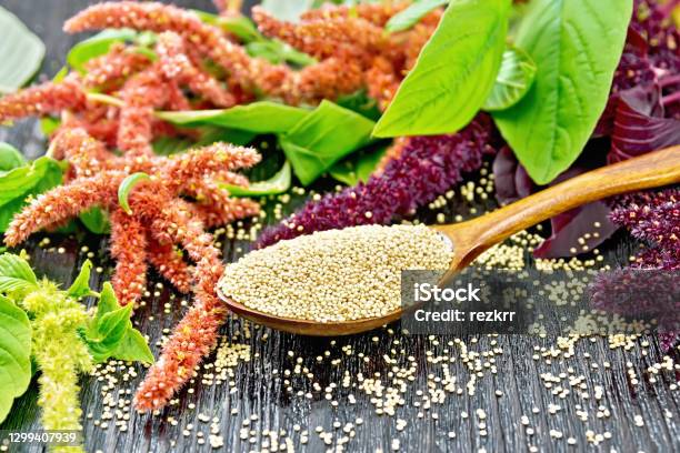 Amaranth Groats In Spoon On Board Stock Photo - Download Image Now - Amaranth Family, Amaranthus, Plant