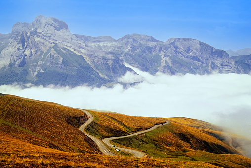 The Col d'Aubisque is a mountain pass in the Pyrenees 30 km south of Tarbes and Pau in the department of the Pyrénées-Atlantiques, in the Aquitaine region of France. Looking down on a sea of cloud - a cloud inversion.