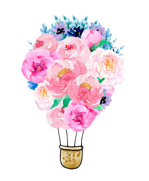 Air balloon made of flowers Decorative balloon made of hand drawn watercolor flowers isolated on white background as symbol of love, romance and gratitude watercolor hot air balloon stock illustrations