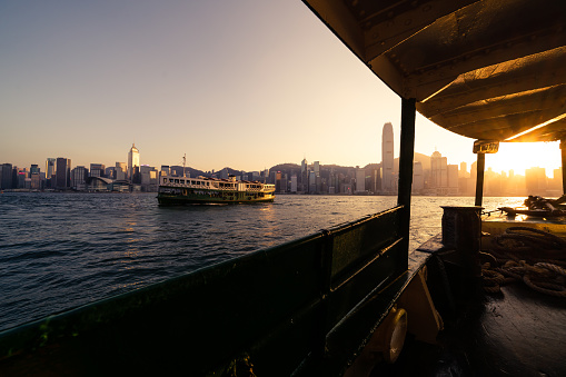 Ferry in Victoria harbor in Hong Kong city