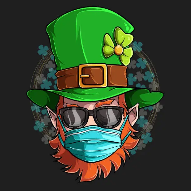 Vector illustration of St Patrick Leprechaun face with sunglasses and medical mask, illustration in high quality and shadows, for St Patrick day designs