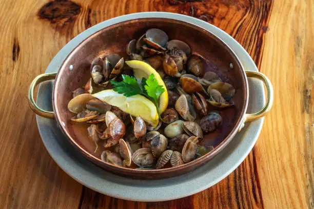 Photo of Traditional portuguese bowl of clams with lemon and coriander.
