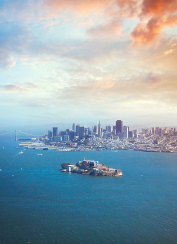 San Francisco downtown and Alcatraz island aerial view