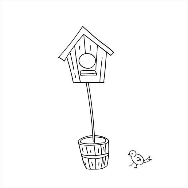 ilustraciones, imágenes clip art, dibujos animados e iconos de stock de un pájaro y una casa de pájaros de madera en un palo en una olla. ilustración vectorial en estilo doodle. objeto aislado sobre un fondo blanco. - birdhouse wood isolated white background