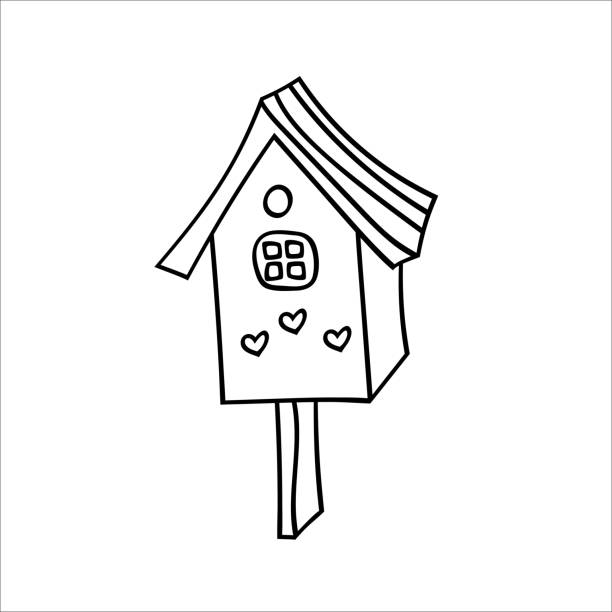 holz-vogelhaus auf einem stock für vögel. vektor-illustration im doodle-stil. isoliertes objekt auf weißem hintergrund. - birdhouse wood isolated white background stock-grafiken, -clipart, -cartoons und -symbole