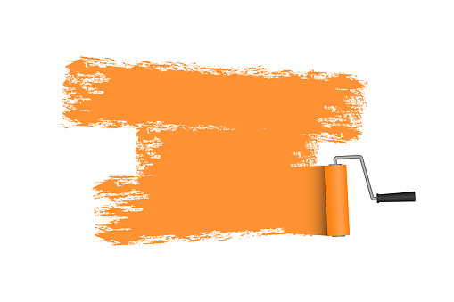 Paint roller with painted area in orange color. Roller brush. Vector illustration.