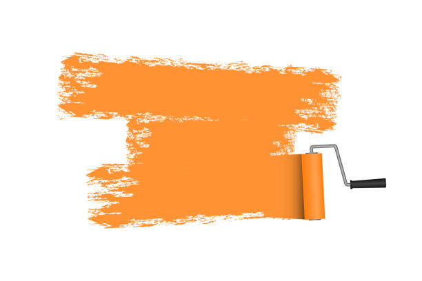 Paint roller with painted area in orange color. Roller brush. Paint roller with painted area in orange color. Roller brush. Vector illustration. wall stock illustrations