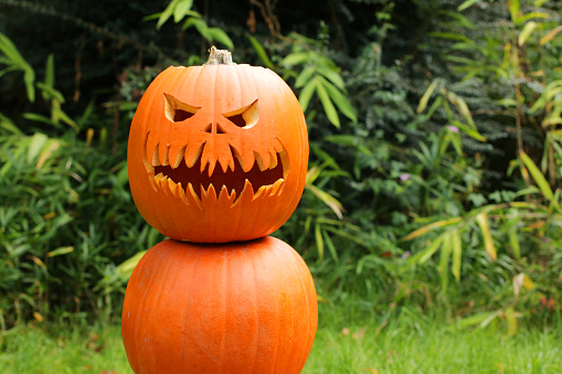 Image of pumpkin man, three orange gourds stacked to make 'snowman', Halloween face Jack O'Lantern outdoors on lawn