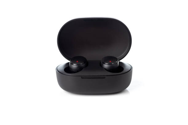 istock Bluetooth earbuds or earphones with box package isolated on white background. 1299425814