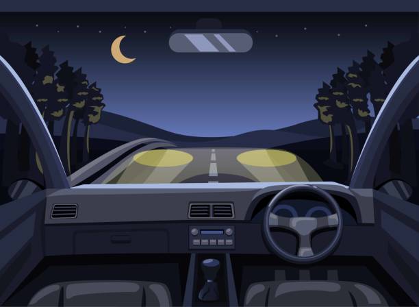 ilustraciones, imágenes clip art, dibujos animados e iconos de stock de panel de control de coche conduciendo en el bosque por la noche. concepto de escena del conductor de punto de vista en el vector de ilustración de dibujos animados - car driving dashboard night