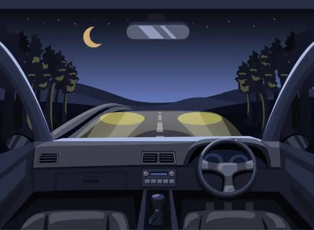 Vector illustration of Dashboard car driving in forest at night. point of view driver scene concept in cartoon illustration vector