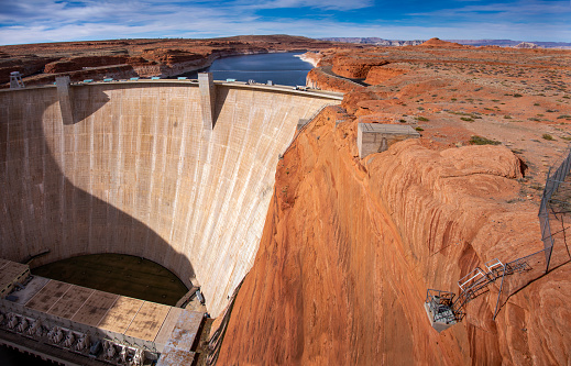 Glen Canyon Dam in the Colorado river, seen from the Carl Hayden Visitor Center near Page, Arizona.