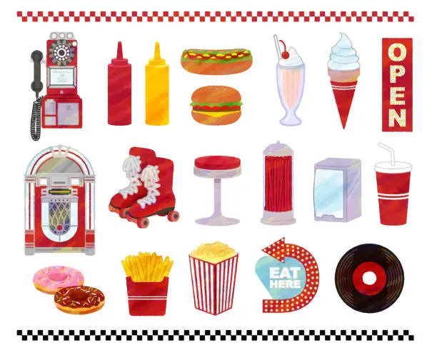 Vector illustration of American diner watercolor style illustration set material