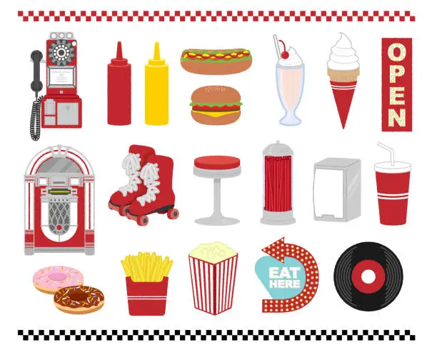Vector illustration of American diner illustration set material