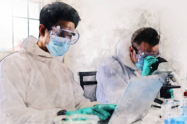 Abstract colorful young men scientist testing and checking in lab room on watercolor illustration painting background.