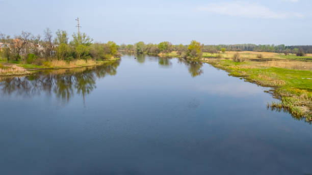 istock quiet summer river among green fields, summer rural landscape 1299440433