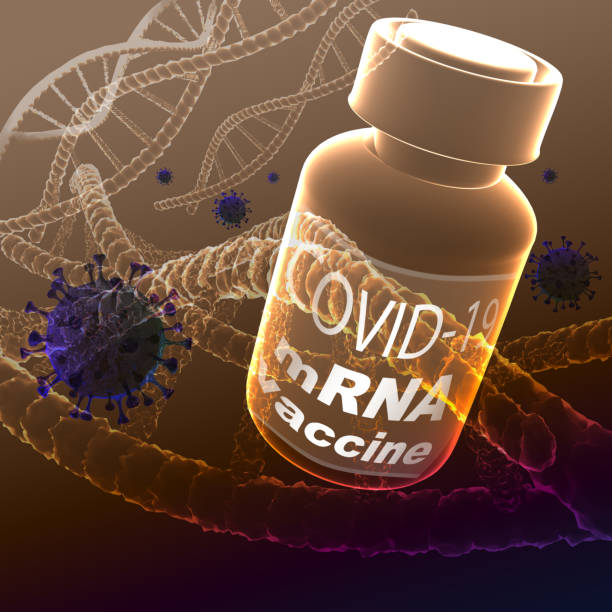 covid-19, mrna-impfstoff-flasche, impfung und behandlung von covid-19, coronavirus, covid-19, coronavirus-zellen, die mit dna verflochten sind, die analyse ergab, dass die wirksamkeit des impfstoffs gegen covid-19 94% betrug. - revealed stock-fotos und bilder