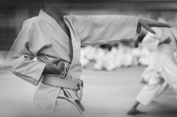 Children in karate-do. Sports training and a healthy lifestyle. Stylization for an old black and white film photo.  Added film noise and motion blur. Stylization for an old black and white film photo.  Added film noise and motion blur. (random people in the same clothes. no faces) karate stock pictures, royalty-free photos & images