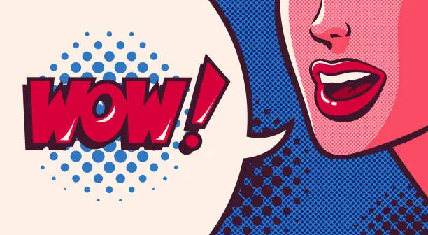 Vector illustration of Woman saying wow, speech bubble in retro comic pop art style.