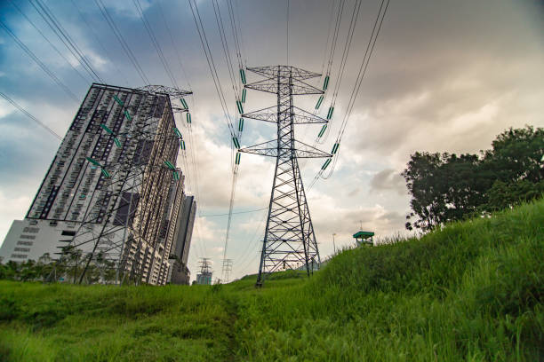 istock Sunset of power cable electricity Lyon with cloudy sky 1299447026