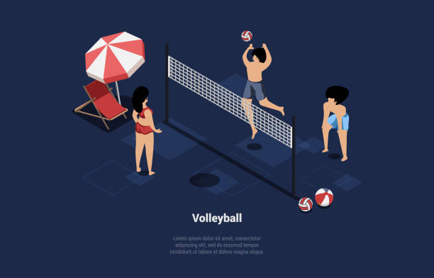ilustrações de stock, clip art, desenhos animados e ícones de vector illustration in cartoon 3d style on dark background. isometric composition with writing. three characters in swimming suits playing beach volleyball. summertime leisure activities and games - beach body ball volleyball
