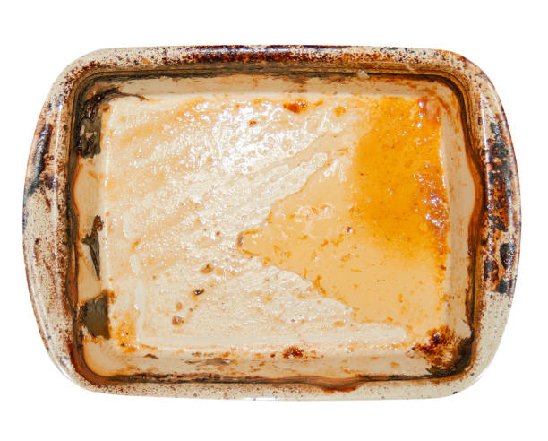 istock Baking tray with burnt on grease and oil isolated on white background flat lay view 1299448537