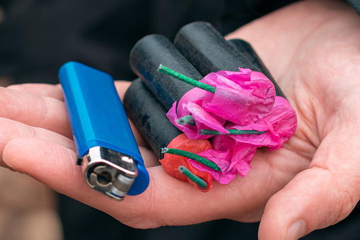 Firecracker Lighter Firecrackers With A Gas Lighter On The Palm Stock Photo - Download ...