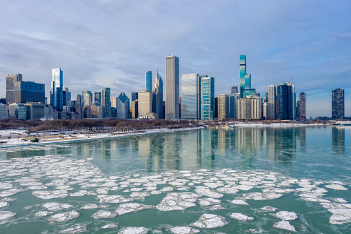 Chicago Cityscape in Winter - Frozen Lake Michigan