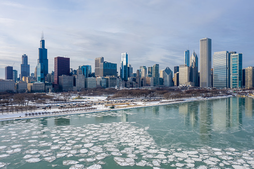 Chicago Cityscape in Winter - Frozen Lake Michigan