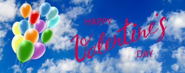 istock Valentine's Day. Romantic banner. Many balloons on a blue sky background.3d-image 1299453328