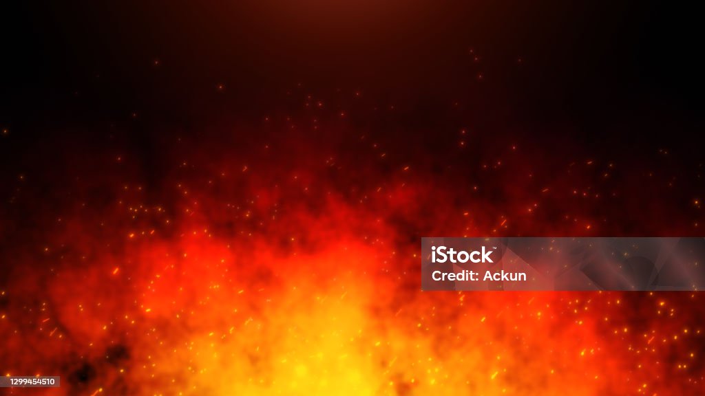 Fire embers particles over black background. Fire sparks background. Abstract dark glitter fire particles lights. bonfire in motion blur. Fire - Natural Phenomenon Stock Photo