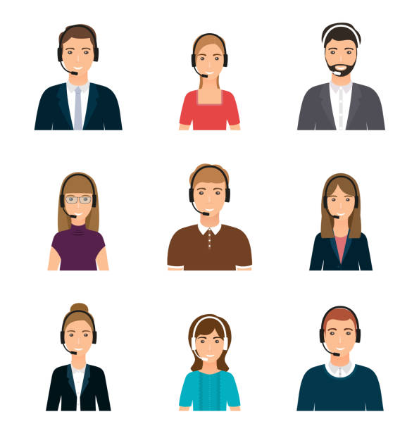 callcenter-avatare in headsets. vektor-illustration. - customer service representative illustrations stock-grafiken, -clipart, -cartoons und -symbole