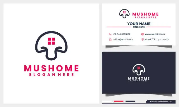 Vector illustration of line art mushroom with home, house logo design concept and business card template