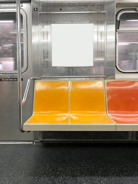 subway seats and blank billboard - empty seat imagens e fotografias de stock