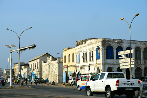 Djibouti City, Djibouti: view along Rue de Bender with colonial buildings including the Franco-Islamic school - Djibouti old city.