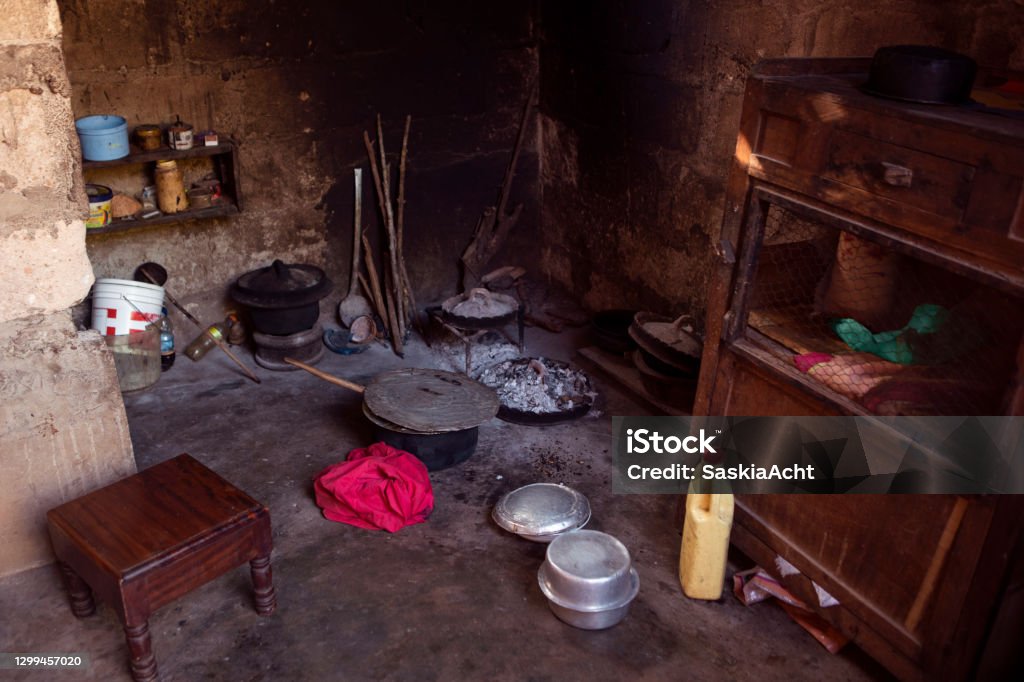 African Kitchen Interior With Hearth And Stove Interior Of The Modest ...