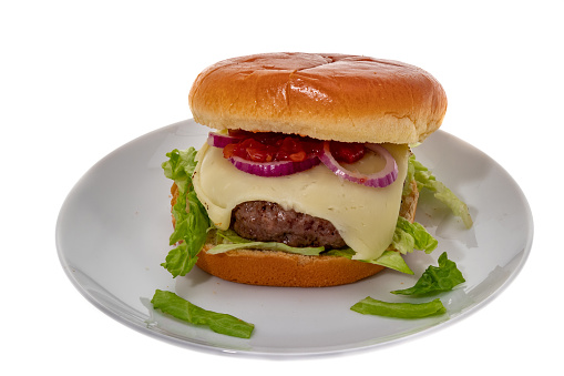 Quarterpounder cheeseburger on a plate - white background